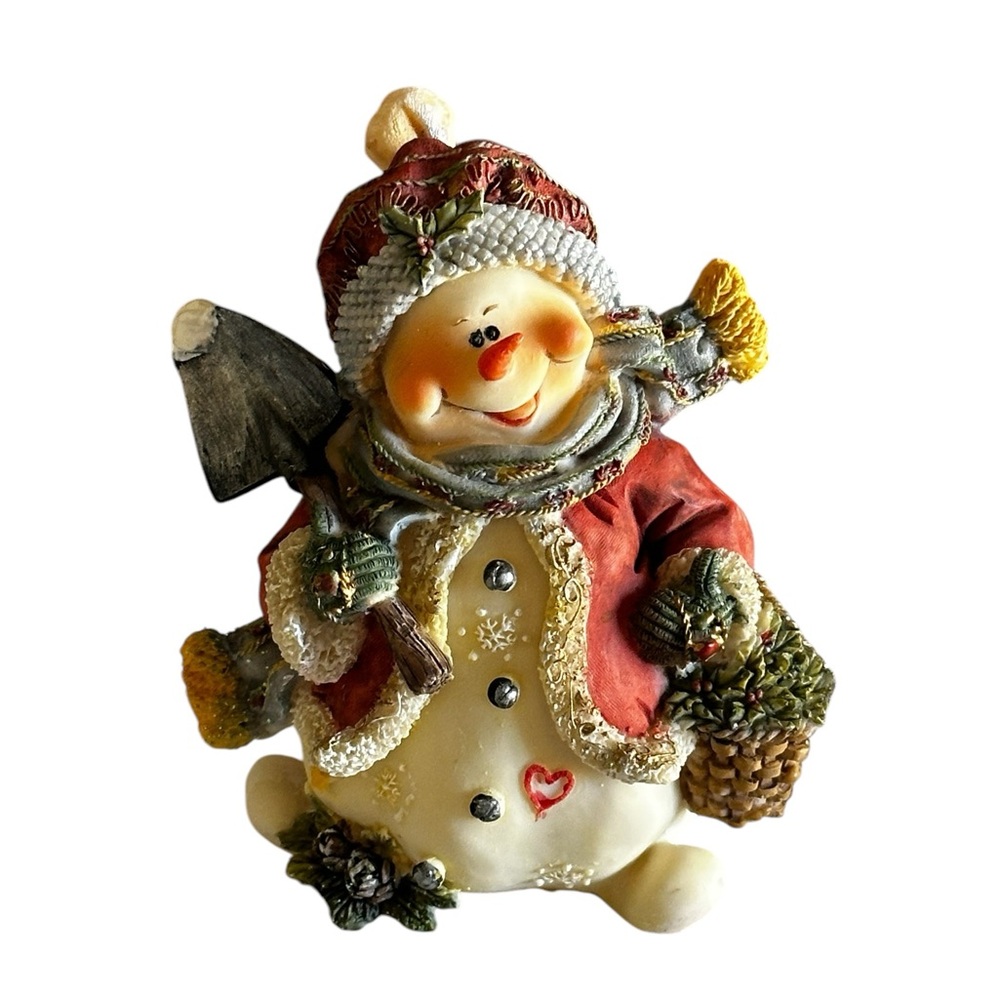 VINTAGE DON MECHANIC SNOWMAN COLLECTIBLES WITH SHOVEL AND BASKET